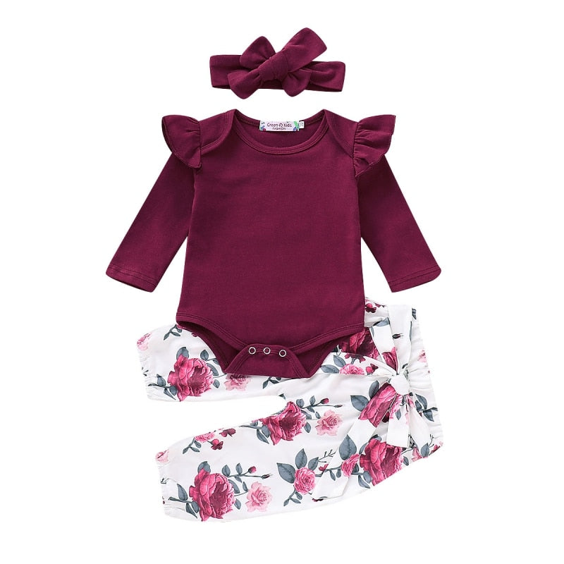 babyfirstcry,Babyfirstcry,Princess girl clothes set fly sleeve romper +floral pants +headband clothes autumn wear 0-18m,