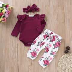 babyfirstcry,Babyfirstcry,Princess girl clothes set fly sleeve romper +floral pants +headband clothes autumn wear 0-18m,