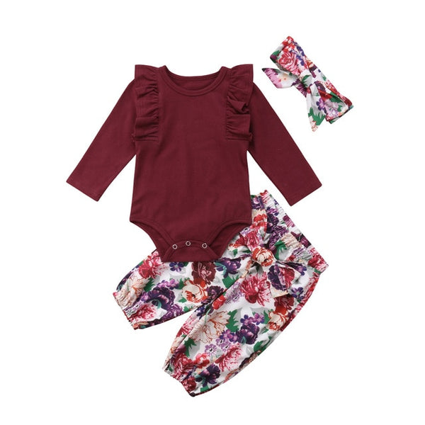 babyfirstcry,Babyfirstcry,princess girl clothes set fly sleeve romper +floral pants +headband clothes autumn wear 0-18m,